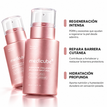 Beneficios de Medicube PDRN Pink Collagen Exosome Shot 2000 para regeneración intensa, reparación de la barrera cutánea e hidratación profunda