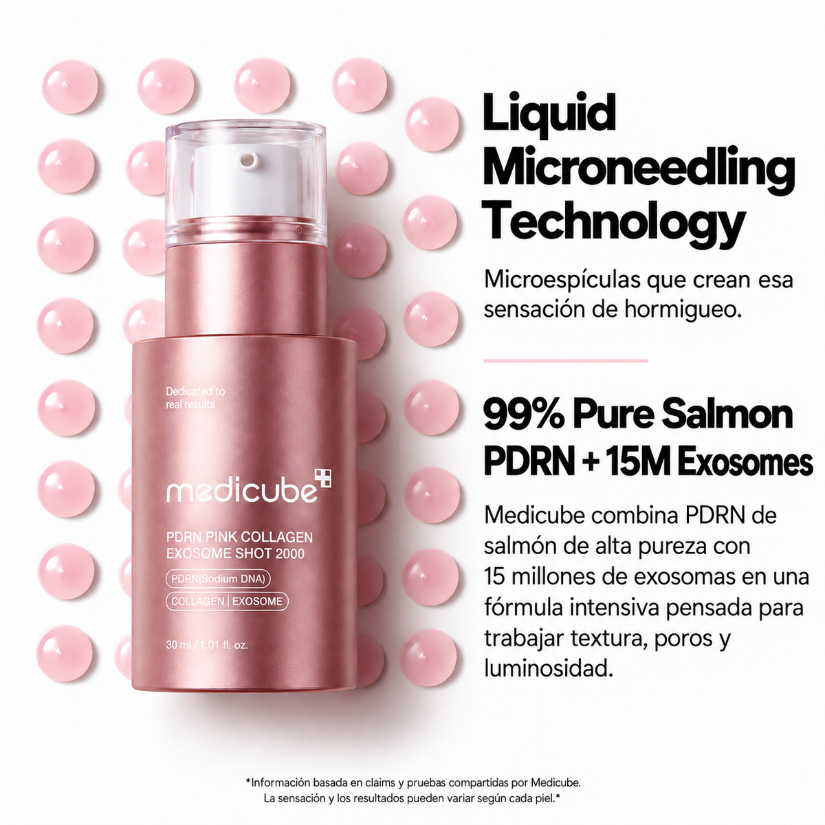 Tecnología Liquid Microneedling de Medicube PDRN Pink Collagen Exosome Shot 2000, con 99% de PDRN de salmón y 15M de exosomas
