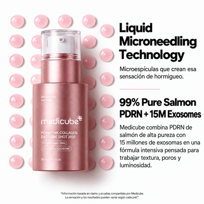 Tecnología Liquid Microneedling de Medicube PDRN Pink Collagen Exosome Shot 2000, con 99% de PDRN de salmón y 15M de exosomas