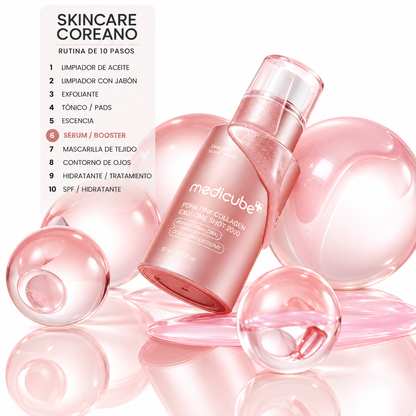 Rutina coreana de 10 pasos con el sérum Medicube PDRN Pink Collagen Exosome Shot 2000 como paso destacado